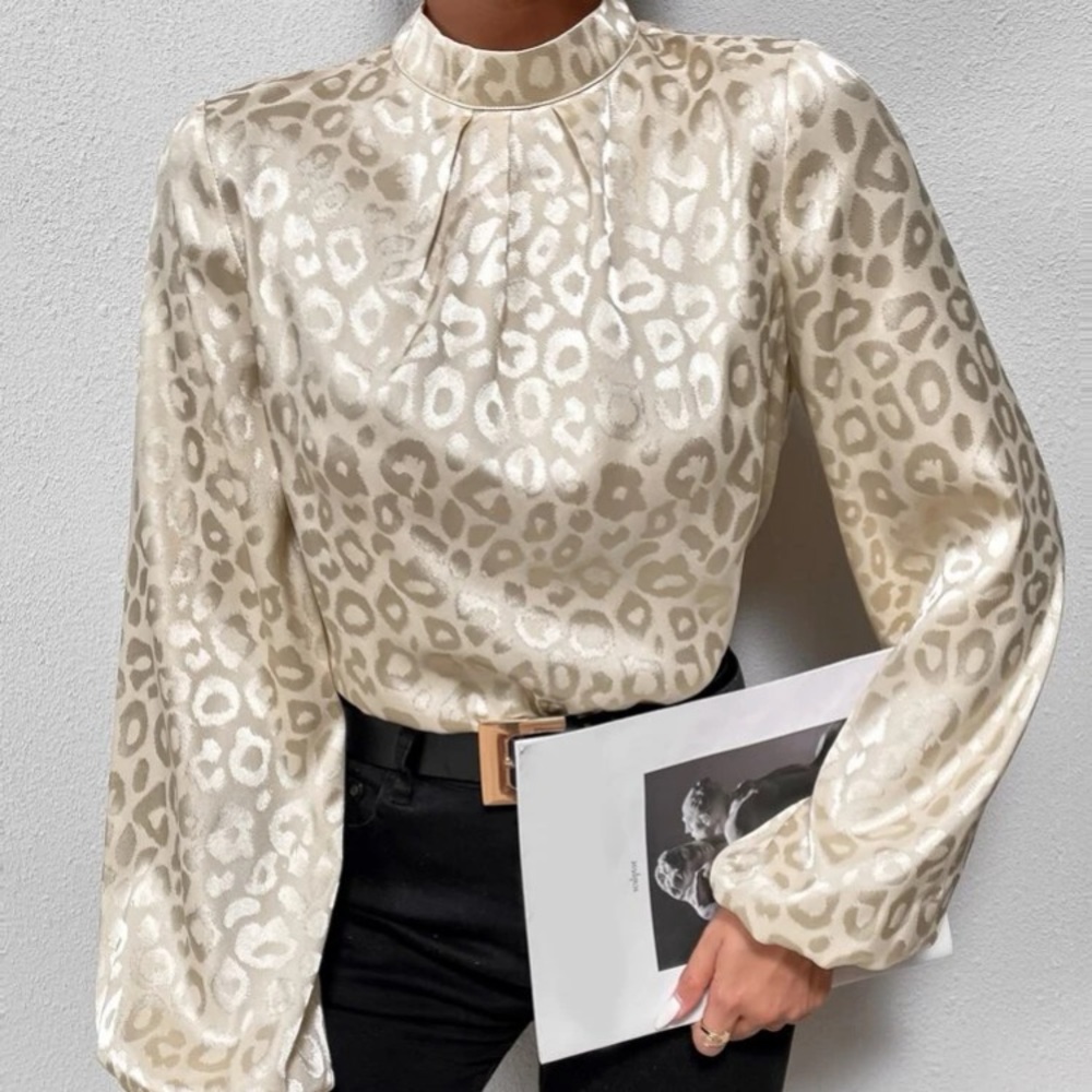Boho cream jacquard satin leopard print mock neck blouse - Picture 1 of 8